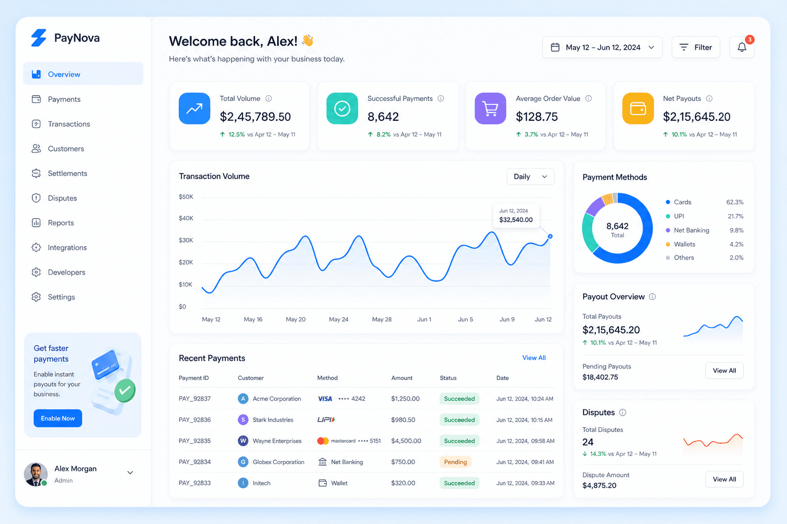 Fintech payments dashboard showing transaction volume and KPIs