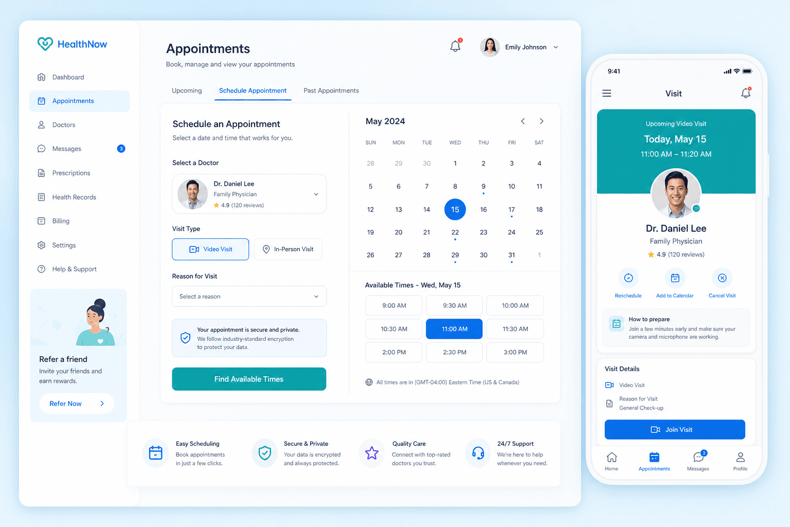Telehealth appointment scheduling interface on web and mobile