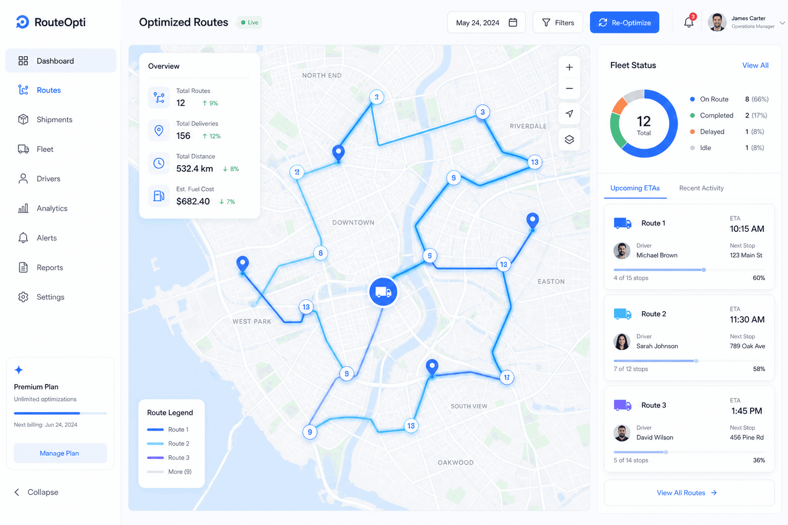 Logistics dashboard with optimized delivery routes on a city map